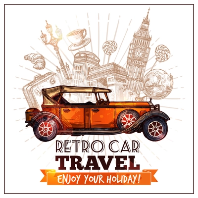 Retro car travel poster with sketch auto and world landmarks on background vector illustration