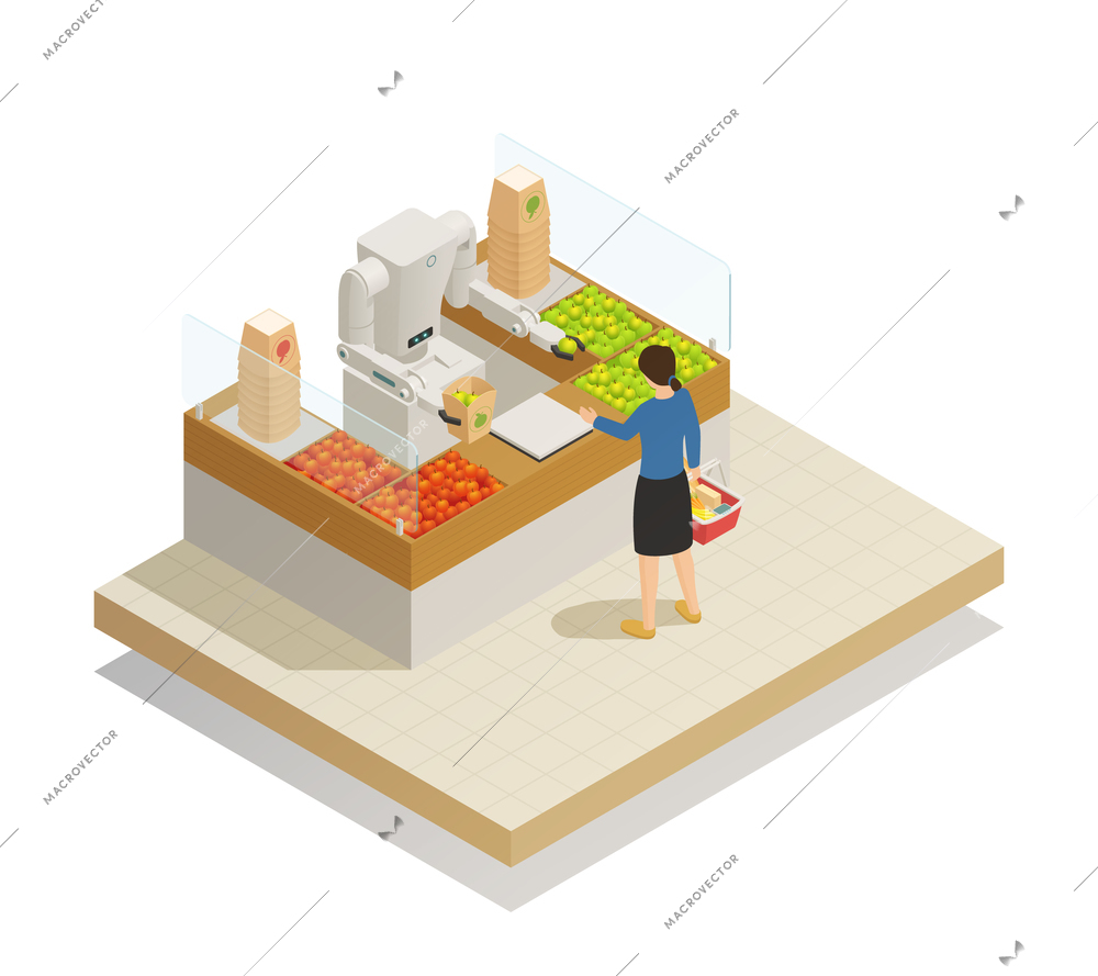 Supermarket innovative technologies isometric composition with robot assisting customer in fresh fruits and vegetables section vector illustration