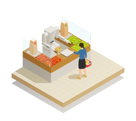 Supermarket innovative technologies isometric composition with robot assisting customer in fresh fruits and vegetables section vector illustration