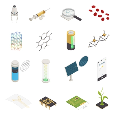 Nanotechnology nanoscience nanomedicine isometric symbols set with nanorobots injection computer chips and material synthesis isolated vector illustration