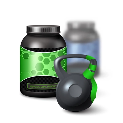 Bodybuilding concept with kettlebell and protein shake container vector illustration