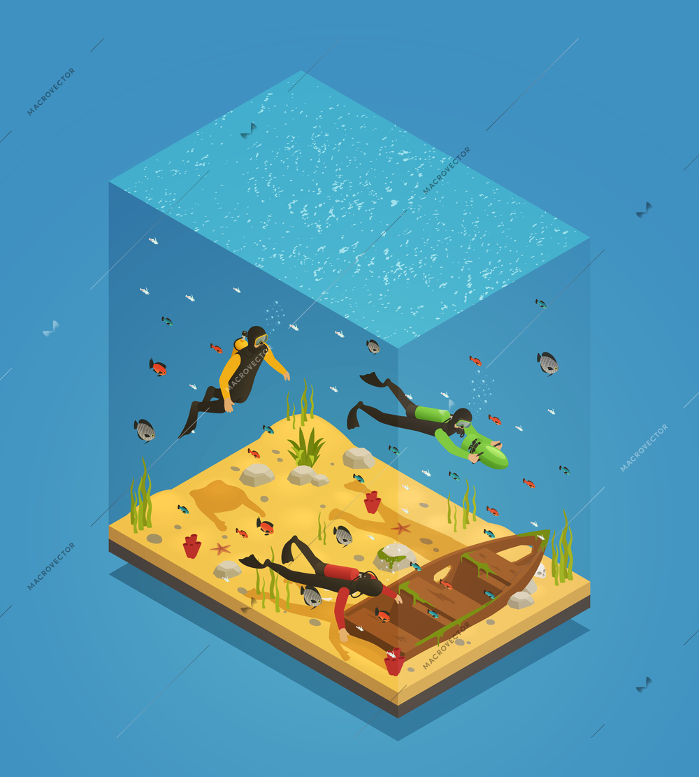 Adventurous scuba divers exploring sunken ship with underwater scooter equipment uncovering treasures isometric composition vector illustration