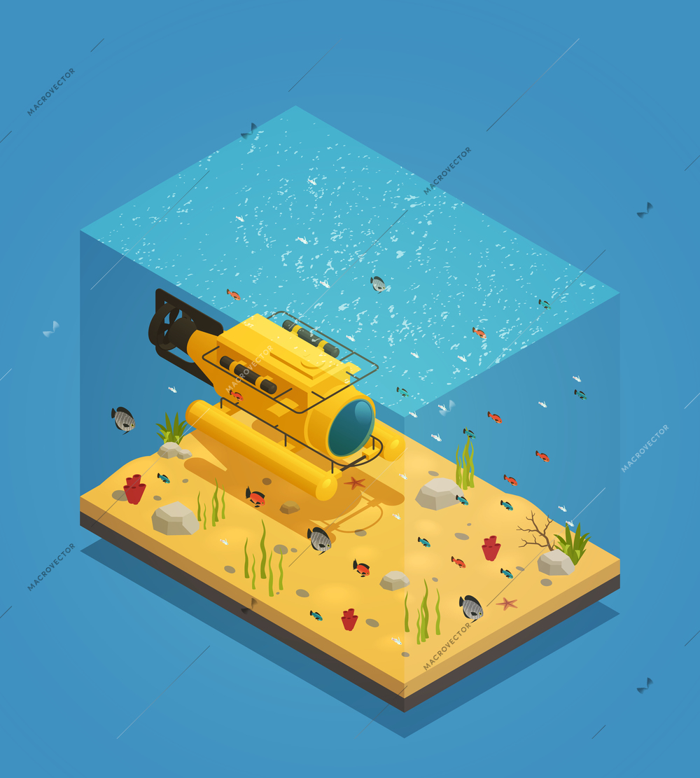 Bathyscaphe deep sea exploration submergence vehicle on  sandy ocean bottom  with seaweeds isometric composition vector illustration