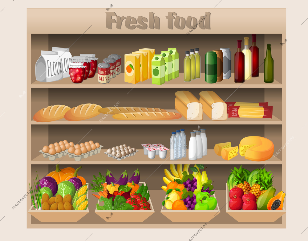 Supermarket shelves with food drinks fruits vegetables bread milk and grocery vector illustration