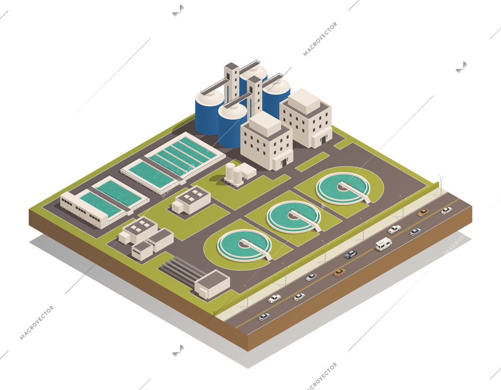 Wastewater sewage  and water cleaning purification treatment plant with pumping filtration separators and aerotanks facilities vector illustration