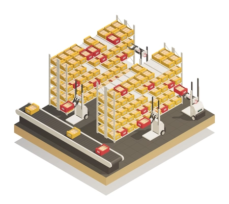 Newest fully automated supermarket and stores shelves replenishment technology isometric composition with conveyor products delivery vector illustration