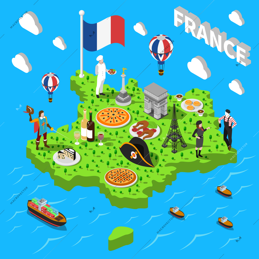 France isometric cultural sightseeing map for tourists with traditional national cuisine and landmarks symbols abstract vector illustration