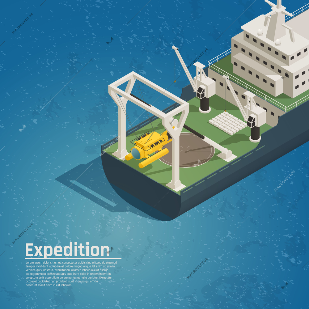 Bathyscaphe diving equipment for underwater exploration tests discoveries on board expedition ocean vessel isometric composition vector illustration