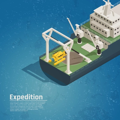 Bathyscaphe diving equipment for underwater exploration tests discoveries on board expedition ocean vessel isometric composition vector illustration