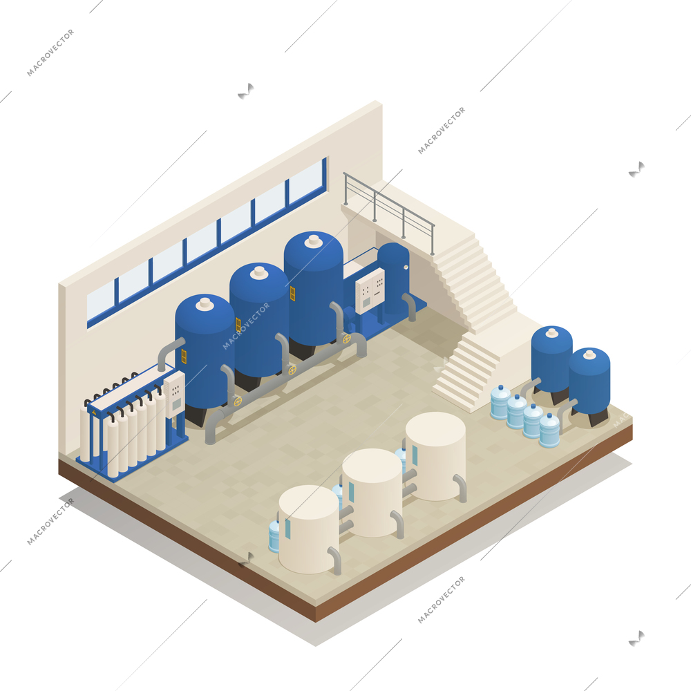 Wastewater sewage and water purification cleaning treatment plant pumping and filtration facility isometric composition vector illustration