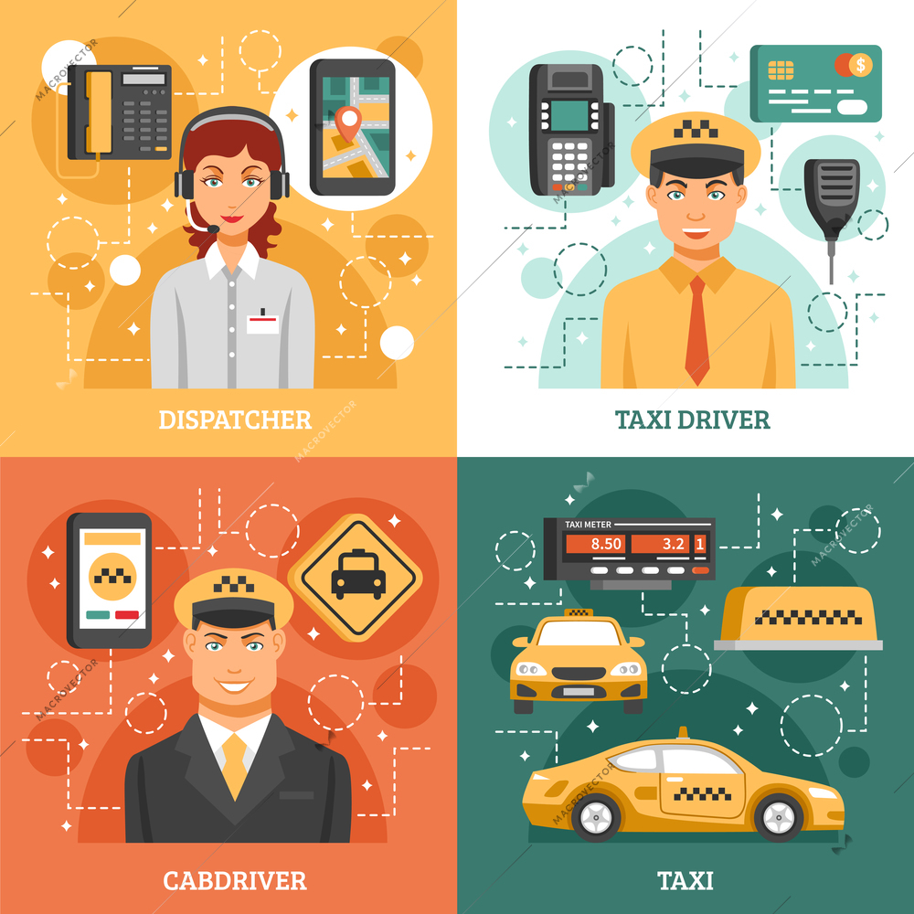 Taxi service design concept four square isolated icon set with descriptions of dispatcher taxi driver cabdriver and taxi work vector illustration