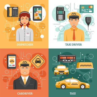 Taxi service design concept four square isolated icon set with descriptions of dispatcher taxi driver cabdriver and taxi work vector illustration