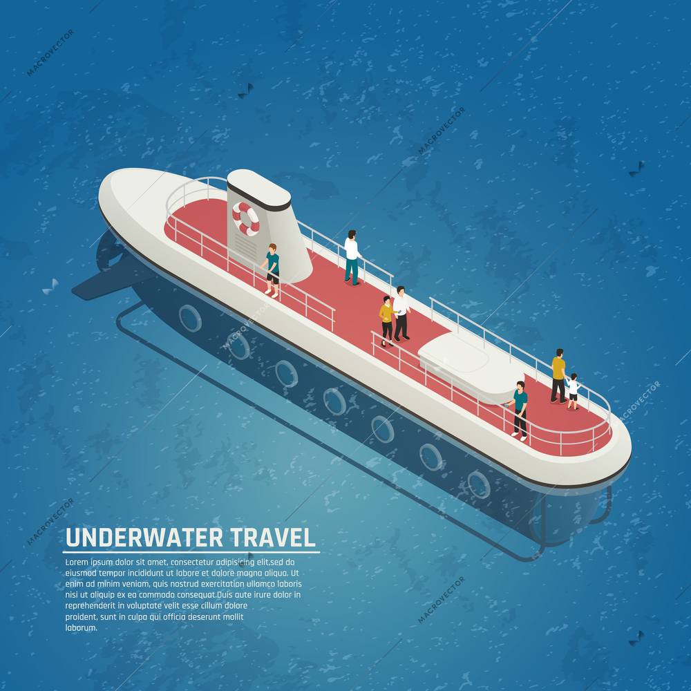 Modern submarine for underwater travel isometric composition with vessel on surface with people on board vector illustration