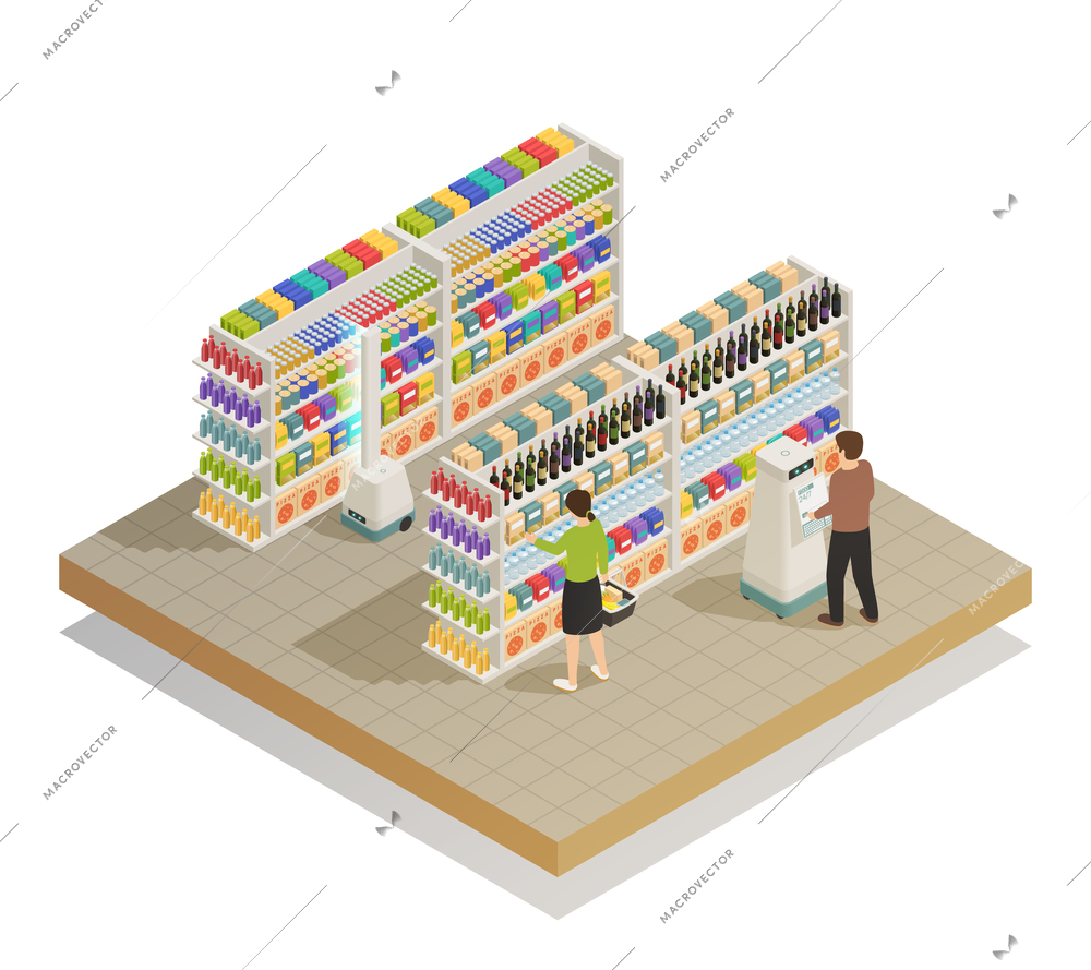 Automatic grocery shopping system with smart basket and self-service robotic assistance technology isometric composition vector illustration