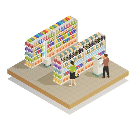 Automatic grocery shopping system with smart basket and self-service robotic assistance technology isometric composition vector illustration