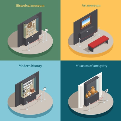 Art museum showcase 4 isometric icons concept square composition with historical antique display cases isolated vector illustration