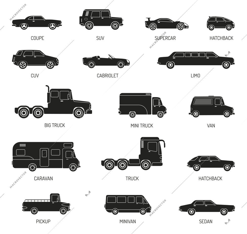 Black silhouettes set of different car models with supercar hatchback cabriolet minivan sedan and truck isolated vector illustration