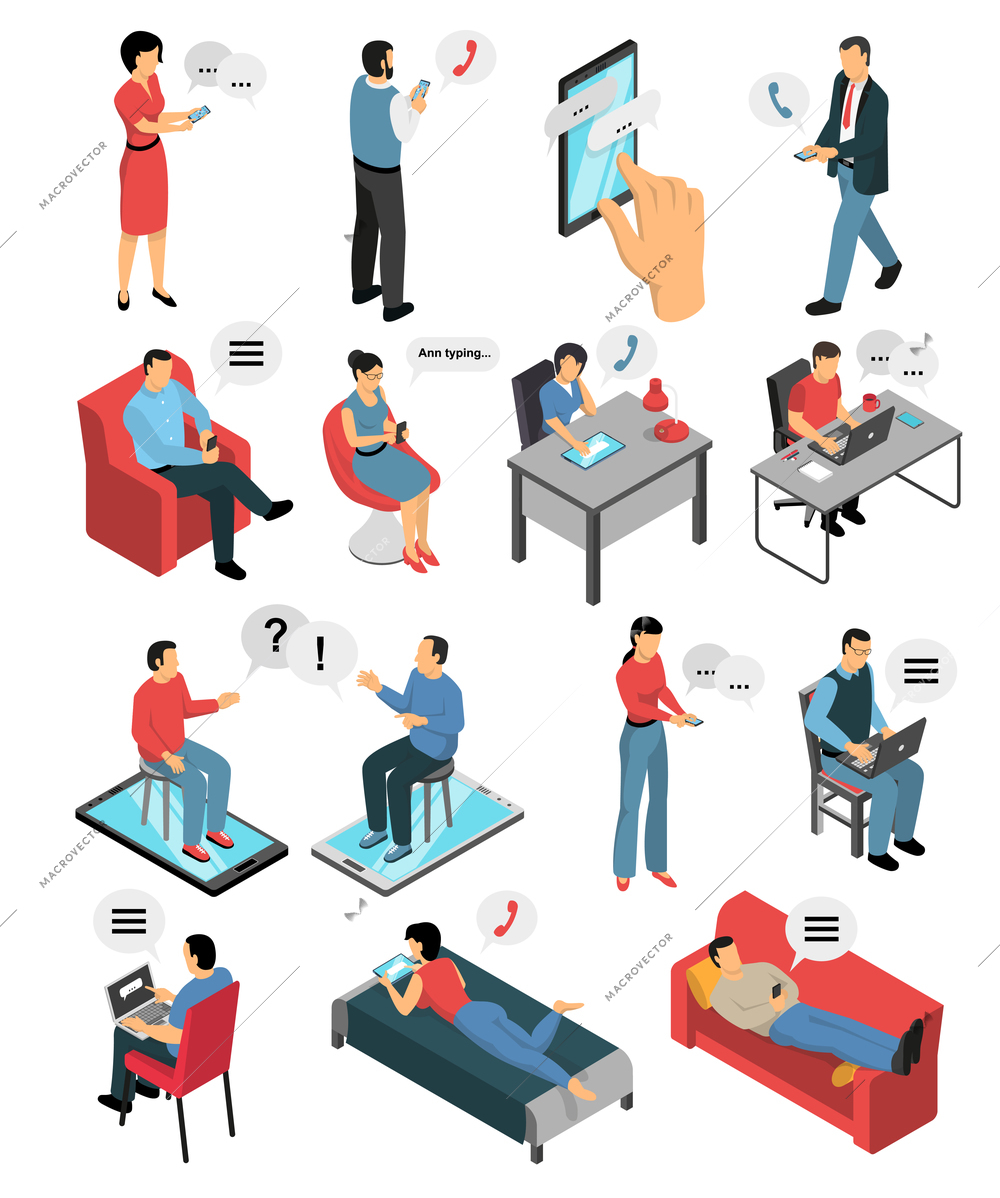 Isometric icons set with people during chatting by phone, in messengers and social networks isolated vector illustration