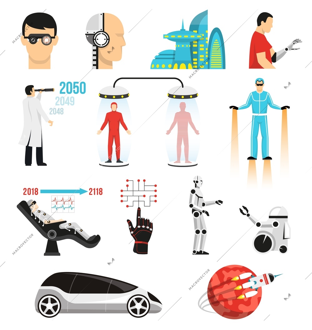 Futurology icons set with bionic medicine, human cloning, cryopreservation, future city, space tourism isolated vector illustration