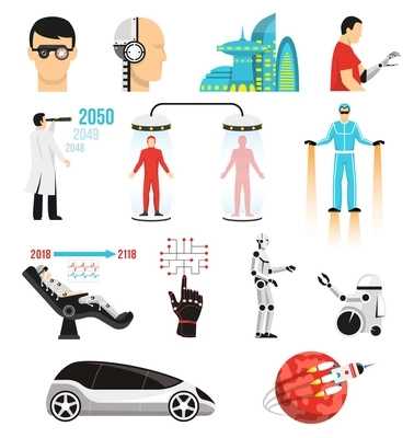 Futurology icons set with bionic medicine, human cloning, cryopreservation, future city, space tourism isolated vector illustration