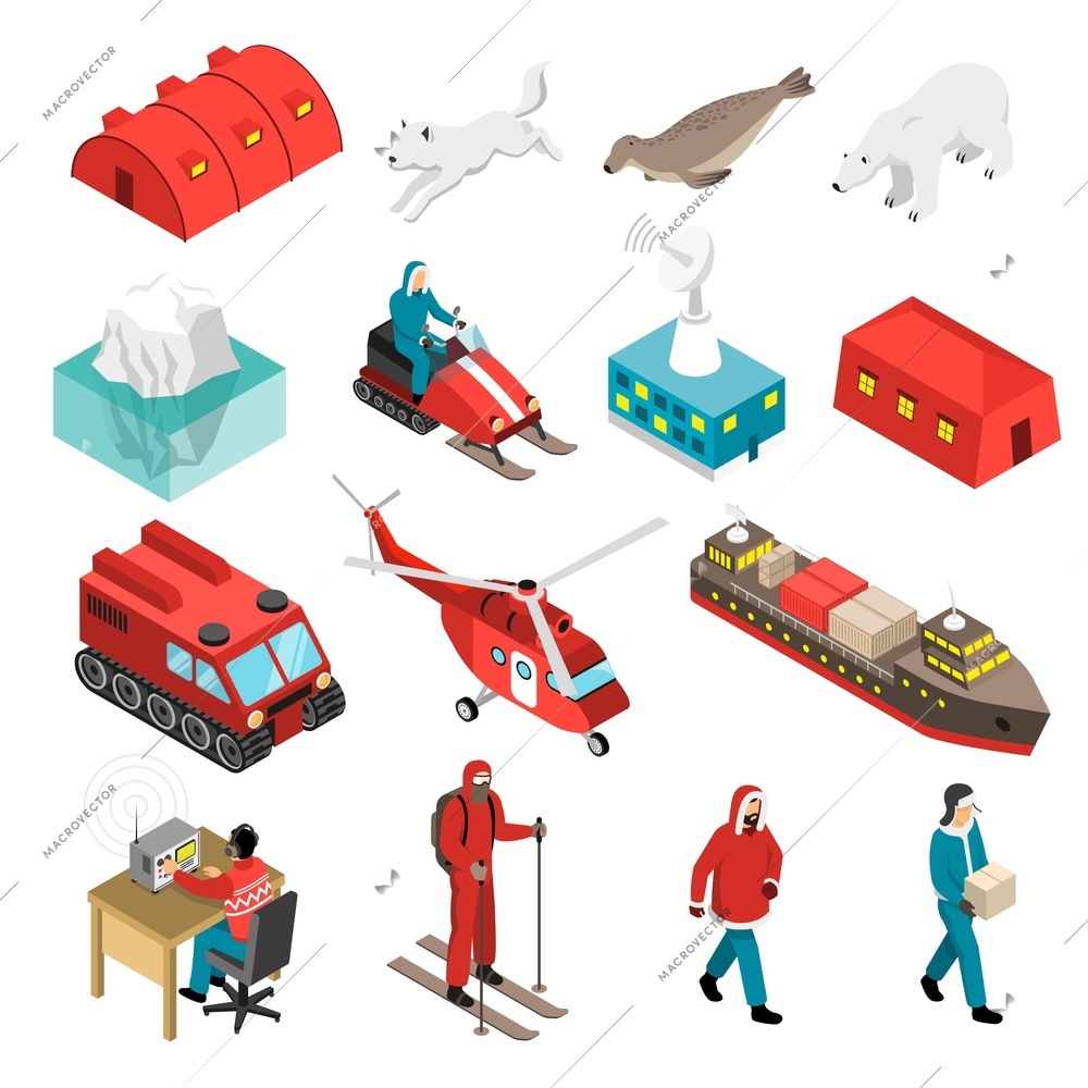 Arctic polar station isometric set with scientists, animals, base and transportation, satellite antenna, iceberg isolated vector illustration