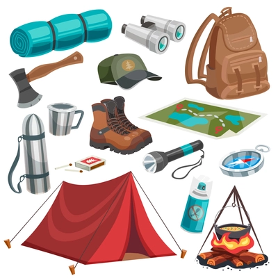 Camping scouting isolated images set with useful summer travel equipment tools provisions map campfire and tent vector illustration