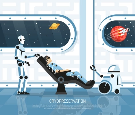 Space tourism scene with man in cryopreservation on board of spacecraft with robots, futurology, vector illustration