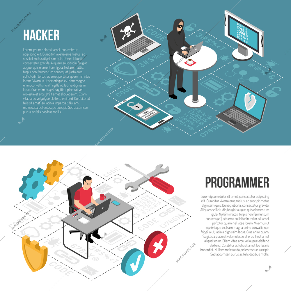 Set of horizontal isometric banners with hacker cracking computers and programmer during work isolated vector illustration