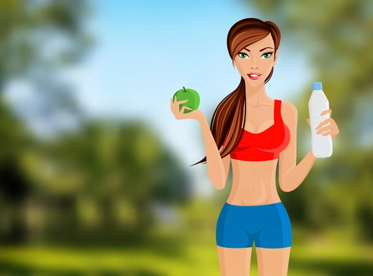 Young slim sport fitness girl with apple and water bottle portrait on outdoor background vector illustration