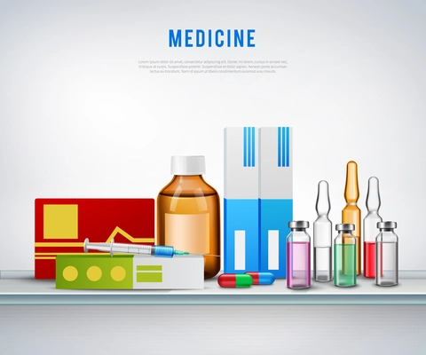 Pharmaceutical drugs composition with realistic medical supplies vials pills mixtures packages on glass shelf with text vector illustration
