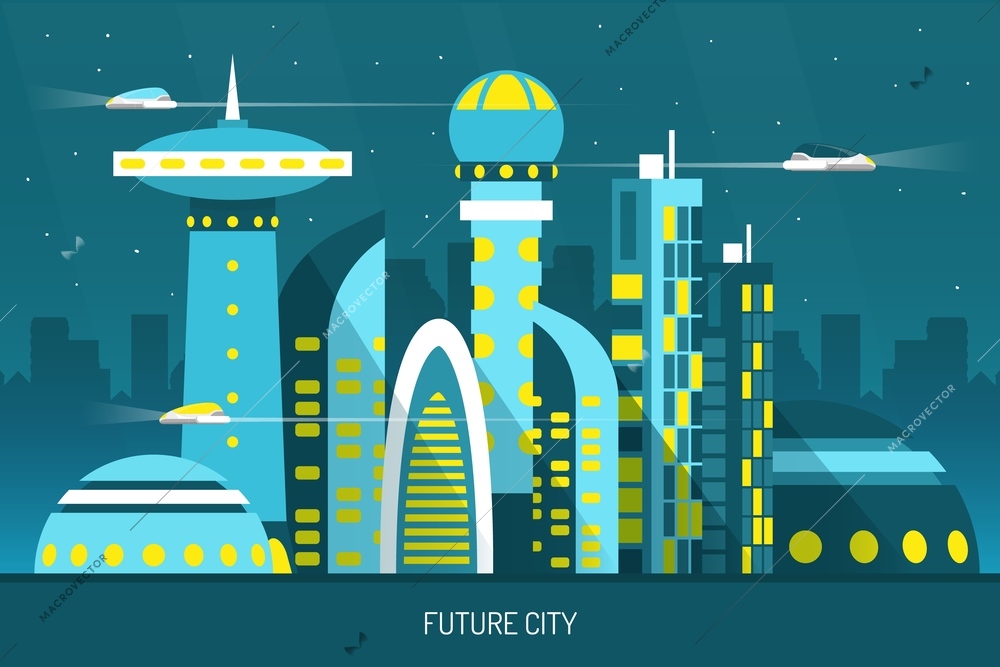 Future city with skyscrapers of various shape, air transports on night sky background horizontal vector illustration