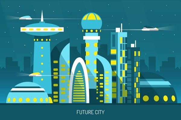 Future city with skyscrapers of various shape, air transports on night sky background horizontal vector illustration