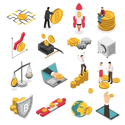 Set of isometric icons with ico blockchain concept, safe bitcoin, cryptocurrency mining, startup project isolated vector illustration