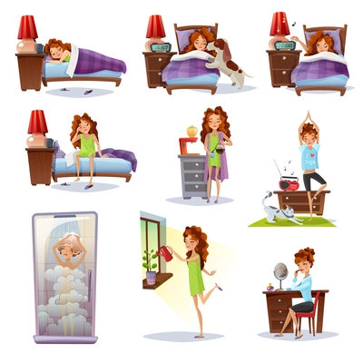 Collection of flat mini compositions showing all stages of morning awakening from wake up call to shower breakfast and make up vector illustration