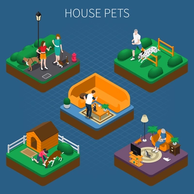 People spending time with their pets at home and outdoors isometric composition set 3d vector illustration