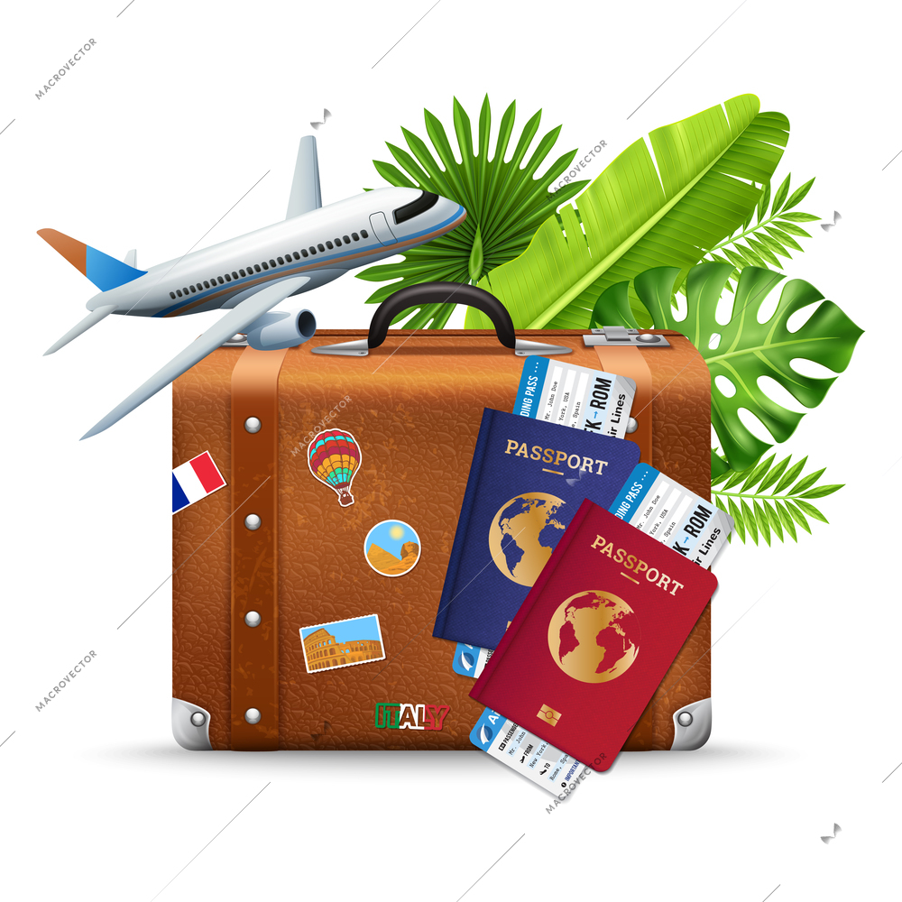 Tropical vacation travel realistic composition with airplane boarding pass retro brown leather suitcase and palm leaves vector illustration