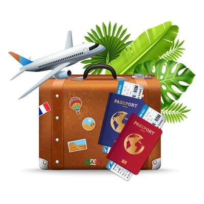 Tropical vacation travel realistic composition with airplane boarding pass retro brown leather suitcase and palm leaves vector illustration