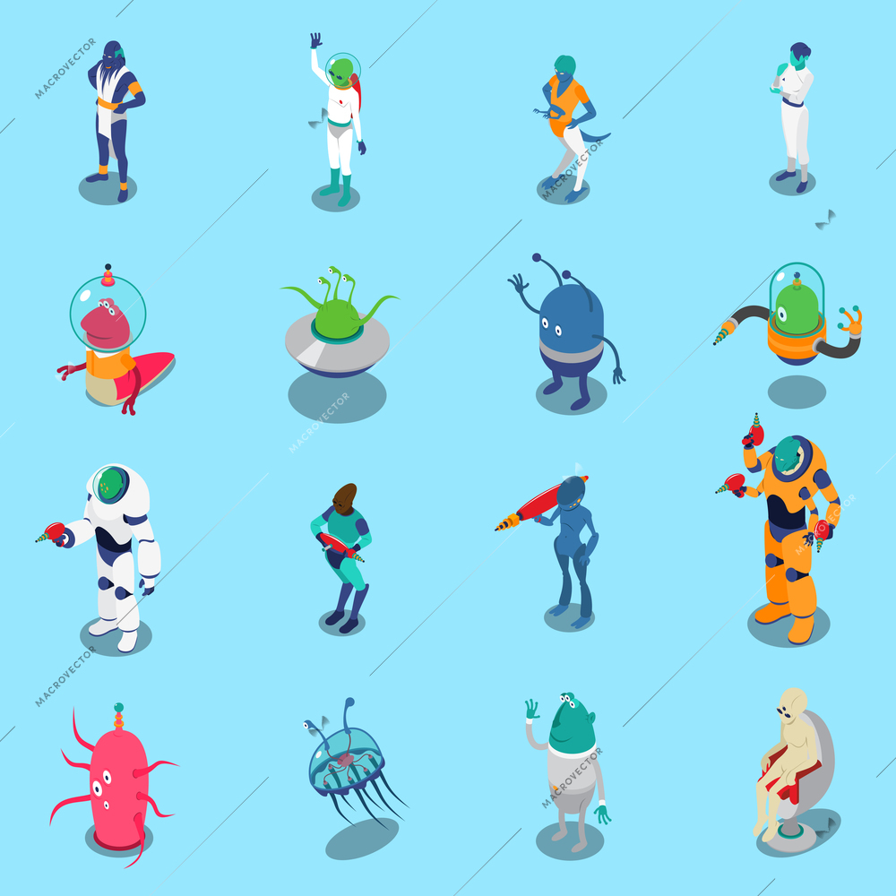 Funny colorful aliens isometric icons set isolated on blue background 3d vector illustration