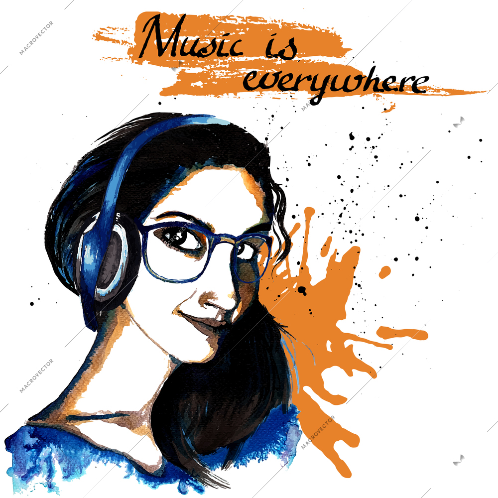 Smiling hipster character girl with glasses and headphones ink drawn music background vector illustration.