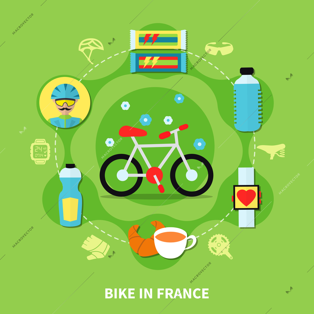 Bike race concept symbols on green background flat vector illustration