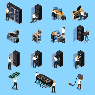 Information technology engineer and system administrator people at work isometric icons set isolated on blue background 3d vector illustration