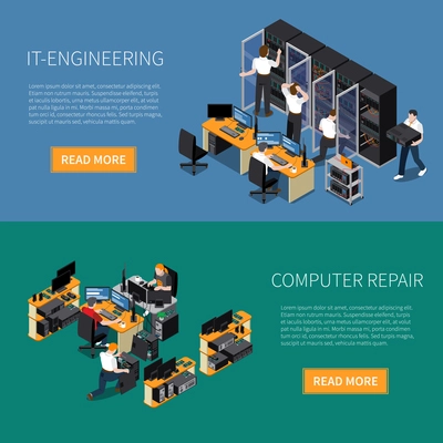 Information technology engineering specialist and computer repair service horizontal banners set 3d isometric isolated vector illustration