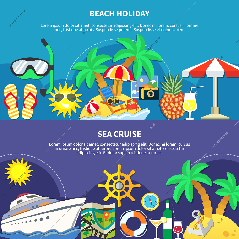 Vacation travel flat banners set with tropical island and ocean liner recreation image compositions and text vector illustration