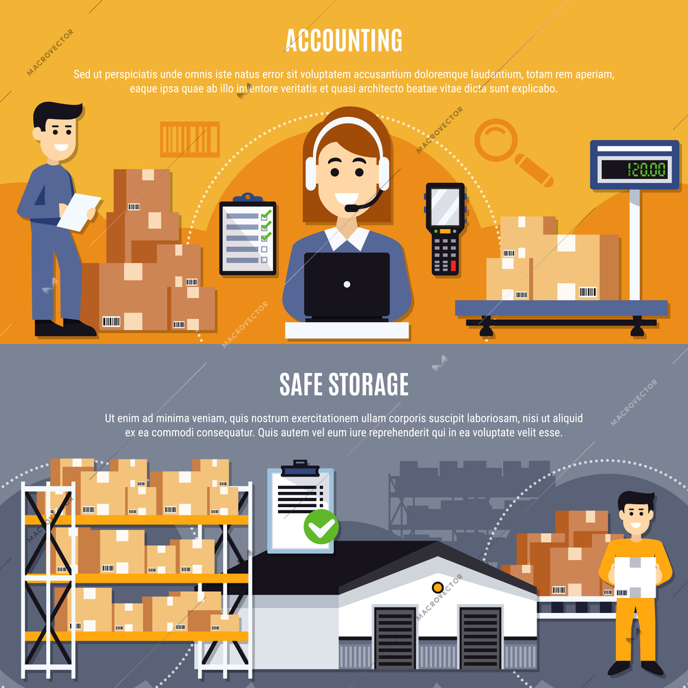 Two horizontal flat warehouse banner set with accounting and safe storage descriptions vector illustration