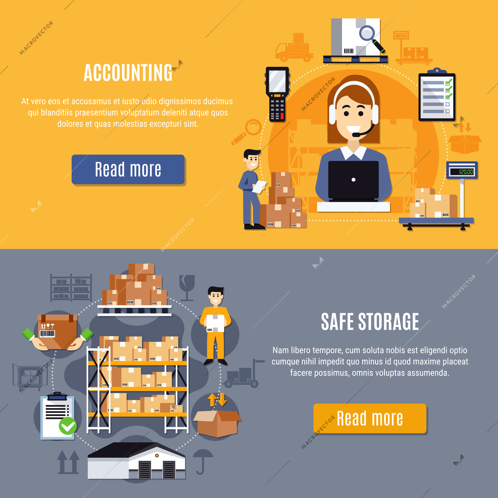 Two horizontal and flat warehouse banner set with accounting and safe storage descriptions vector illustration