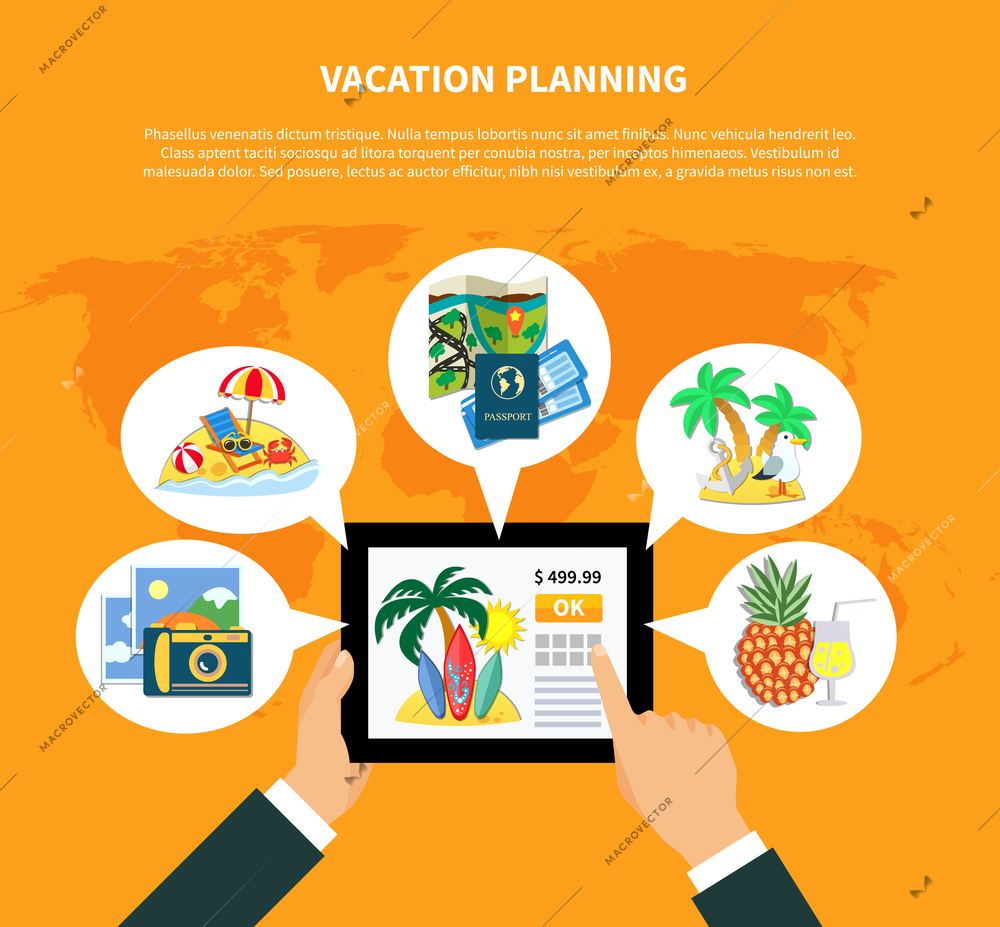 Vacation travel flat conceptual composition with tablet booking application and thought bubbles with touristic stereotype images vector illustration