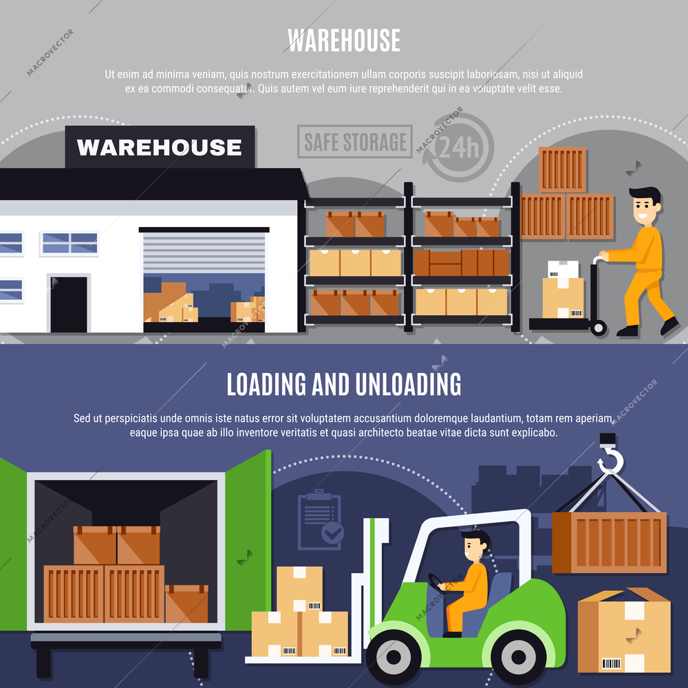 Warehouse colored and flat composition or banner set with loading and unloading descriptions vector illustration