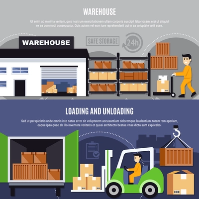 Warehouse colored and flat composition or banner set with loading and unloading descriptions vector illustration