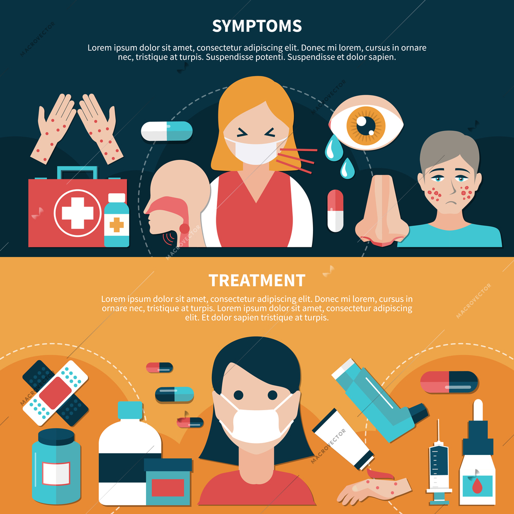 Flat design set of banners with symptoms and treatment for people suffering from allergy isolated vector illustration
