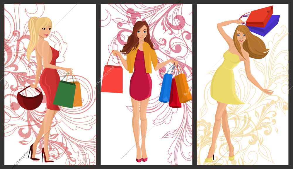 Shopping girl young sexy females with fashion bags vertical banners with swirl decoration set isolated vector illustration